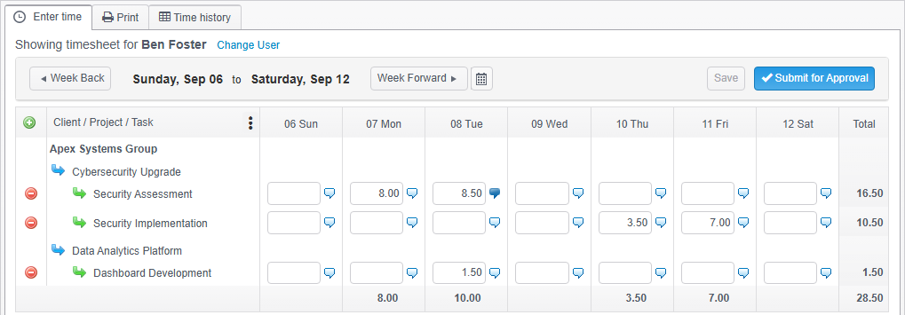 Timogix weekly timesheet for entering time by client, project, and task